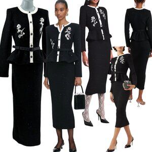 🆕 SELF-PORTRAIT 🧿 NWOT Textured Black Tweed Floral-Sequin Midi Dress, Sz M